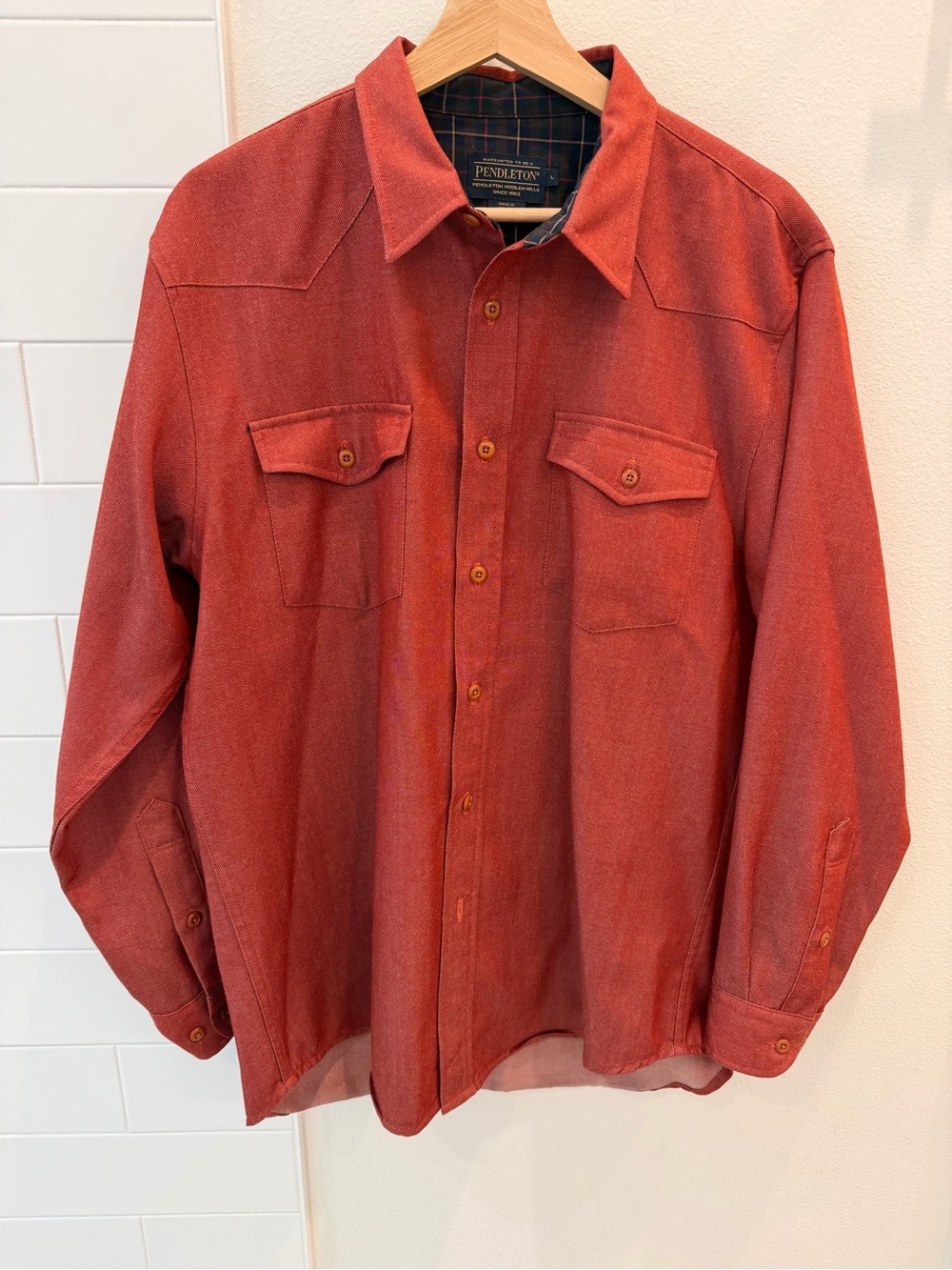 Pendleton Men's Brick Red Button-Up 100% Wool Shirt Thomas Kay